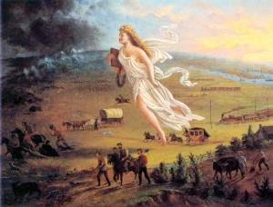 Columbia, the allegorical representation of America is pictured here in John Gast’s American Progress driving settlers and thus ‘civilisation’ westward to colonise new lands and modernise the Wild West’.