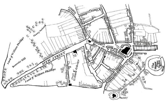 By 1553 the Tudor town had spread down New Street and towards the Priory lands of what is now Bull Street. 